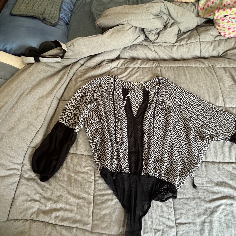 Free People Black and White Bodysuit with Flutter Sleeves